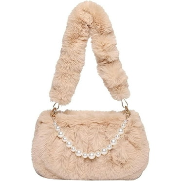 Kukuzhu Furry Purse for Women Fuzzy Faux Fur Pearl Tote Handbag Cute Soft Fluffy Clutch Bag Shoulder Bag