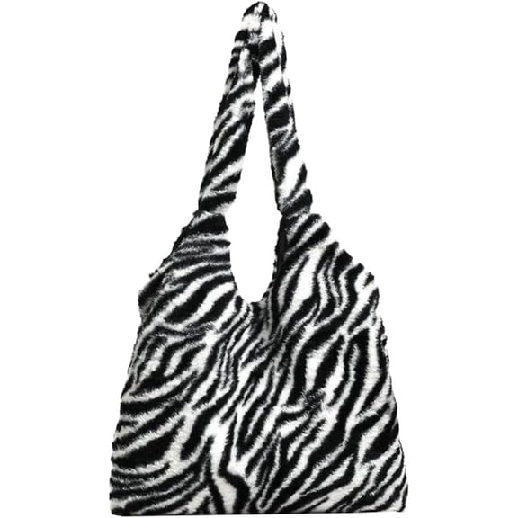 Kukuzhu Fuzzy Shoulder Bag for Women Plush Hobo Bag Tote Handbag Soft Fluffy Handbag Purse Top Handle Bag Animal Pattern Satchels