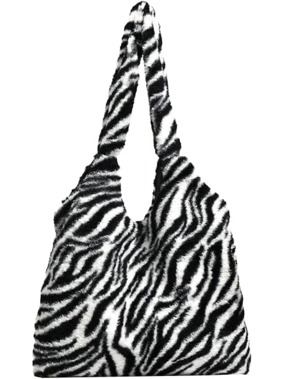 Fuzzy Shoulder Bag for Women Plush Hobo Bag Tote Handbag Soft Fluffy Handbag Purse Top Handle Bag Animal Pattern Satchels