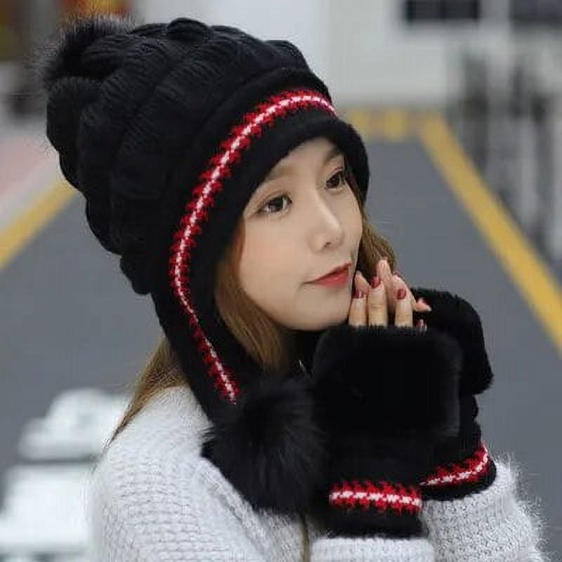 Girls Thicken Ski Snow Cap New Fashion Fur PomPoms Winter Women Beanie Hats  Female Skullies Warm Gloves + Knit Hat Set, 🧢 Cap Shop Store