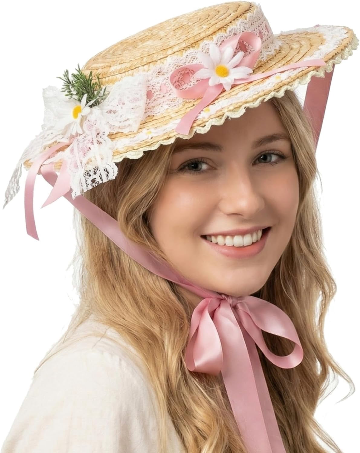 Kukuzhu Girls Women Victorian Tea Party Sun Hat, Lolita Lace Ribbons Straw Flat Hat Wide Brim Flower Bonnet Cap