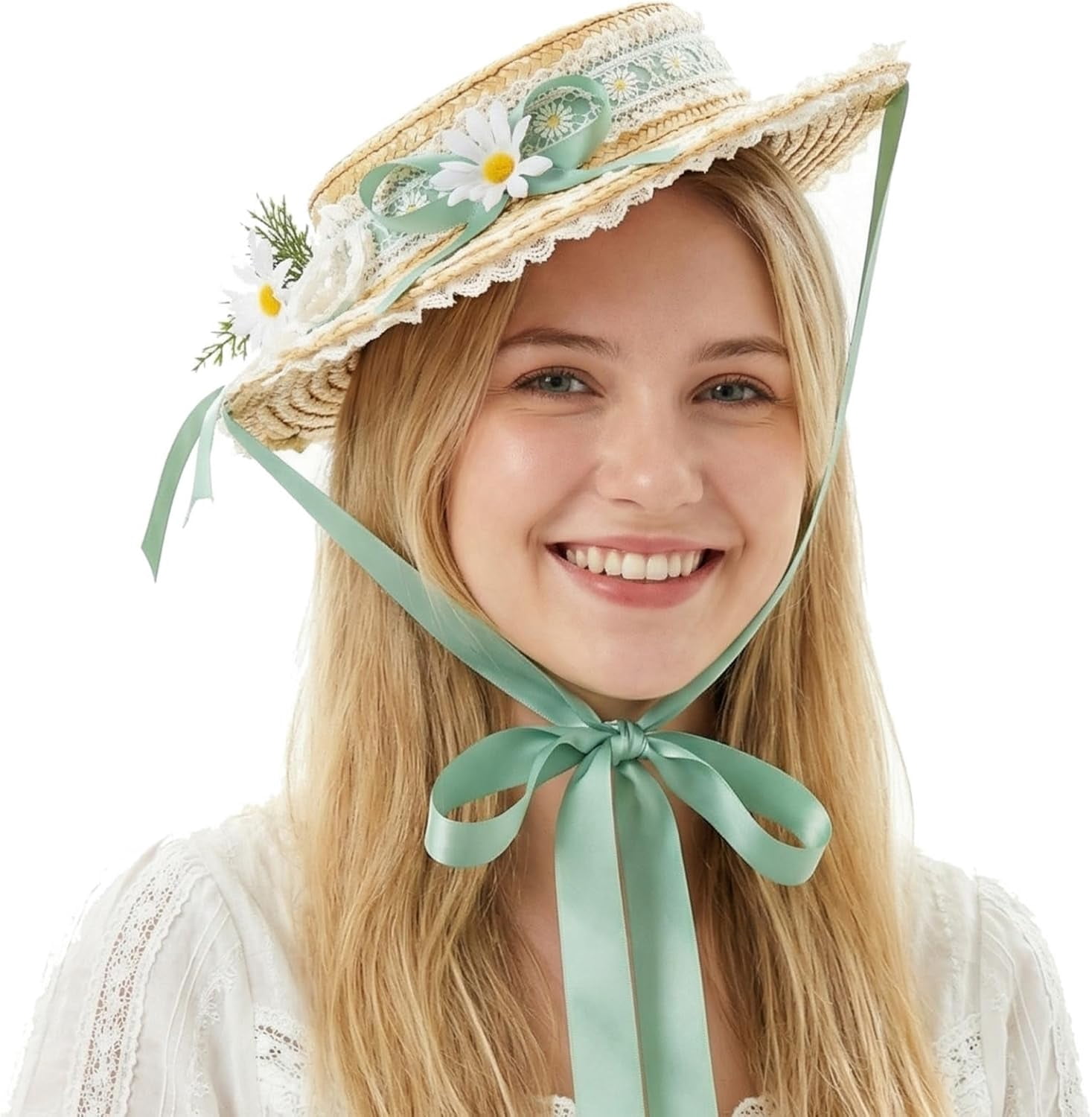 Kukuzhu Girls Women Victorian Tea Party Sun Hat, Lolita Lace Ribbons Straw Flat Hat Wide Brim Flower Bonnet Cap