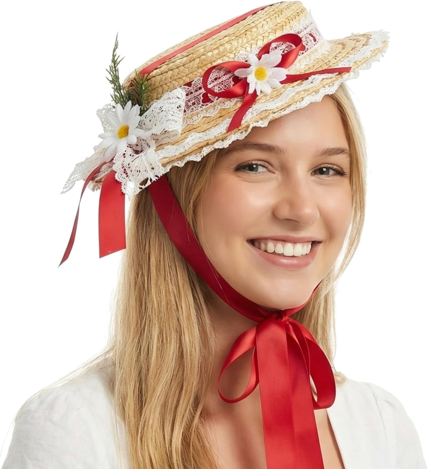 Kukuzhu Girls Women Victorian Tea Party Sun Hat, Lolita Lace Ribbons Straw Flat Hat Wide Brim Flower Bonnet Cap