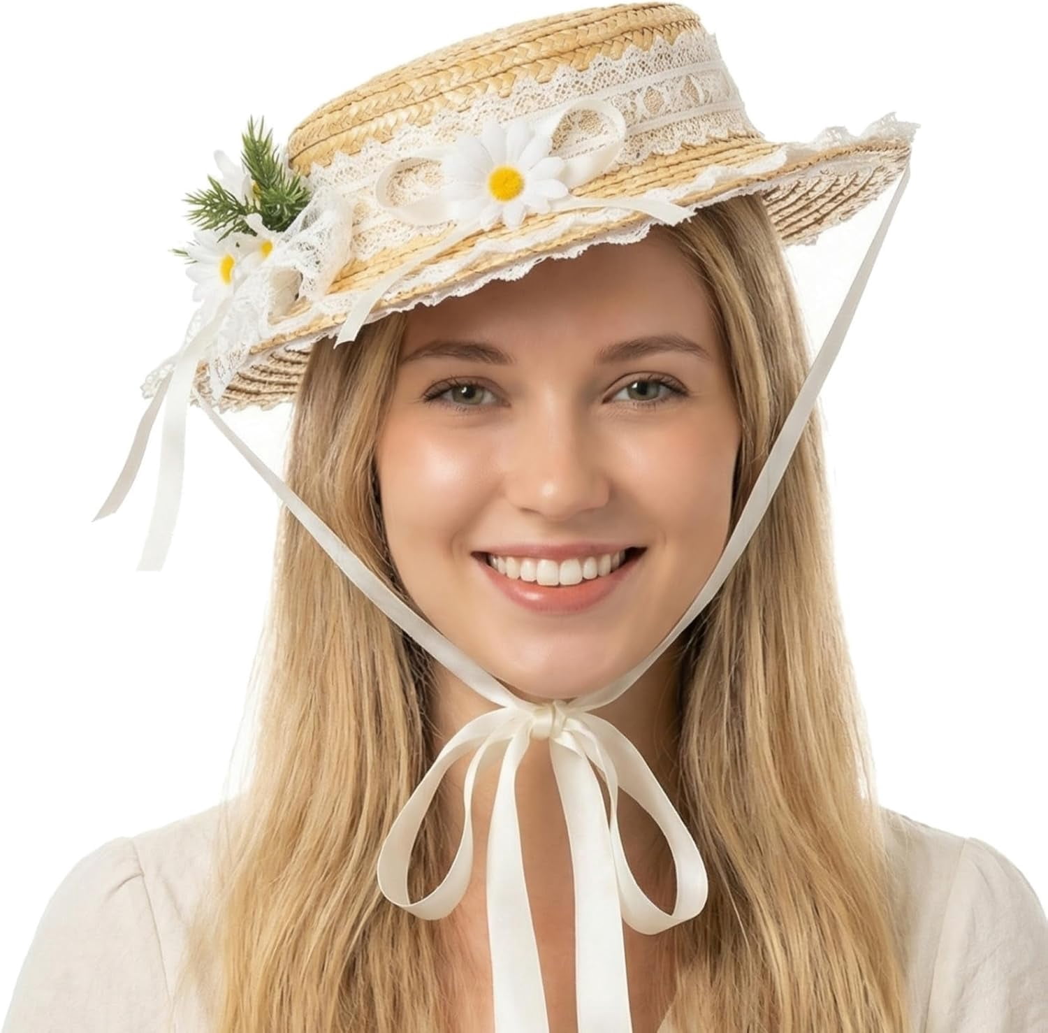Kukuzhu Girls Women Victorian Tea Party Sun Hat, Lolita Lace Ribbons Straw Flat Hat Wide Brim Flower Bonnet Cap