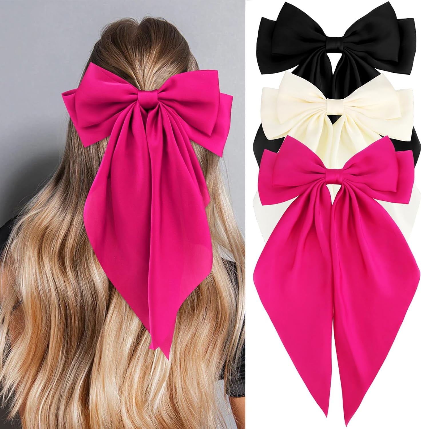 Kukuzhu Hair Bows for Women Girls 3Pcs Pink Red Rose Red Silky Satin ...