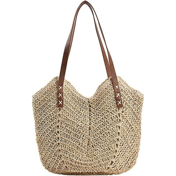 Kukuzhu Hand-woven Soft Large Straw Shoulder Bag Retro Boho Tote Bags Summer Beach Woven bag Rattan Handbag