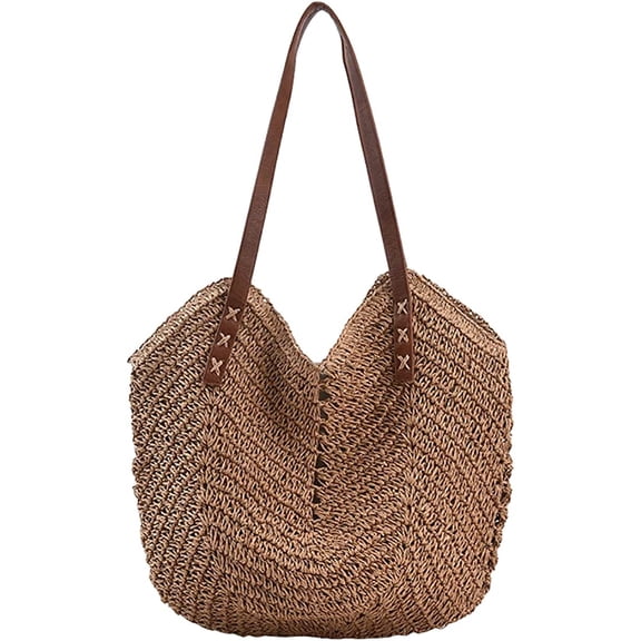 Kukuzhu Hand-woven Soft Large Straw Shoulder Bag Retro Boho Tote Bags Summer Beach Woven bag Rattan Handbag