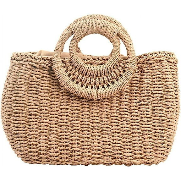 Kukuzhu Handmade Woven Straw Handbag Women Summer Trendy Beach Travel Tote Bag Purse