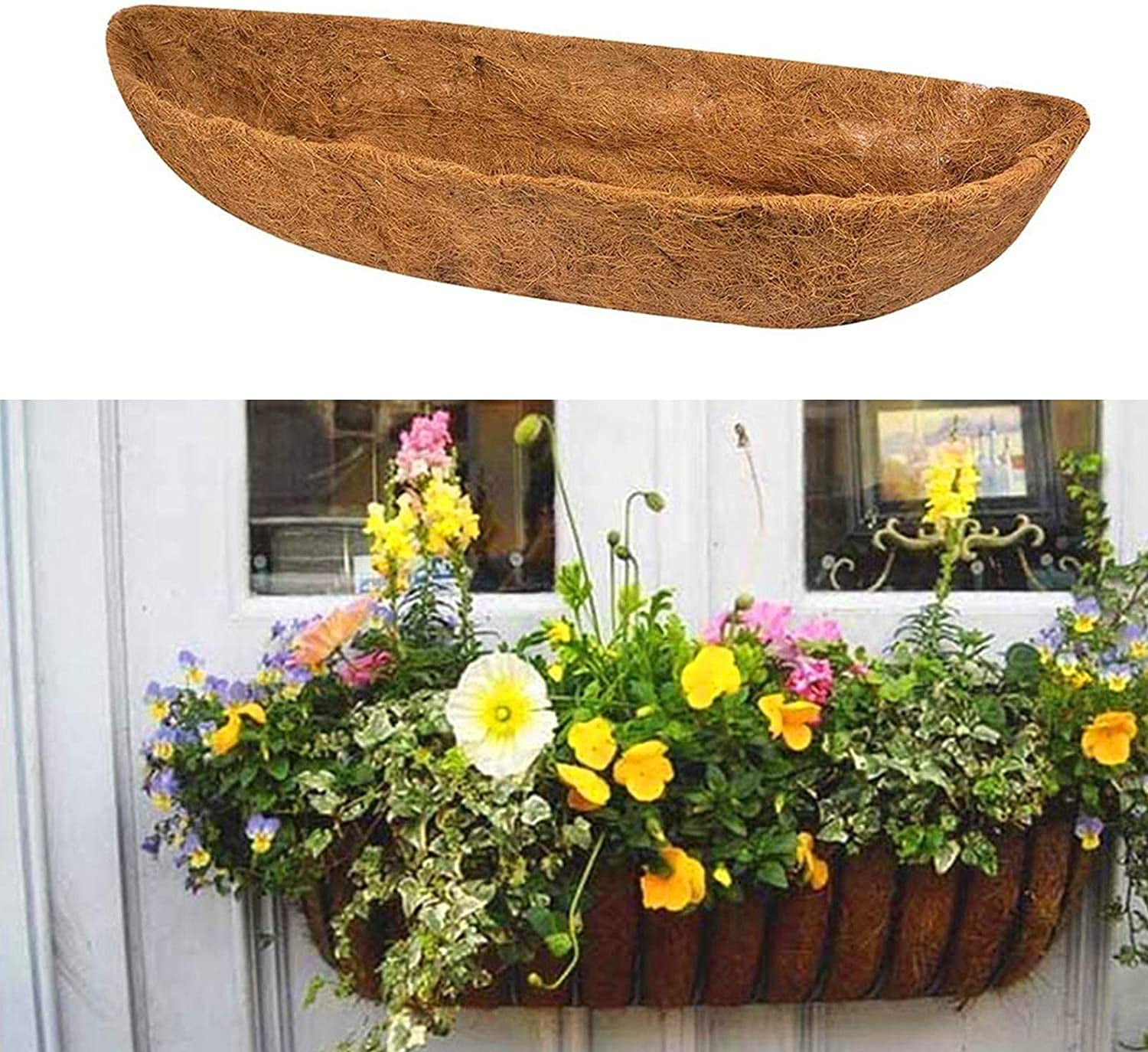 Kukuzhu Hanging Basket Coco Liners Replacement, Coconut Fiber Planter Liners, Natural, Thick and Sturdy, Suitable for Window Box Hanging Trough Planter, Garden Fence Flower Vegetables Pot (48inches)