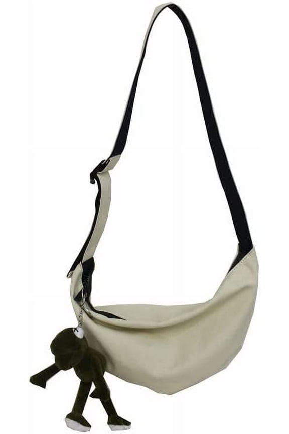 Japanese Grunge Hipper Canvas Crossbody Bag with Emo frog Pendent for men Dark Academic Aesthetic Shoulder Packs (white)