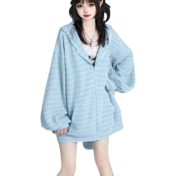 Kukuzhu Y2K Bunny Ear Hoodie Harajuku Kawaii Striped Zip Up Hoodie Vintage Baggy Hoodie Punk Streetwear Jackets Goth Clothes