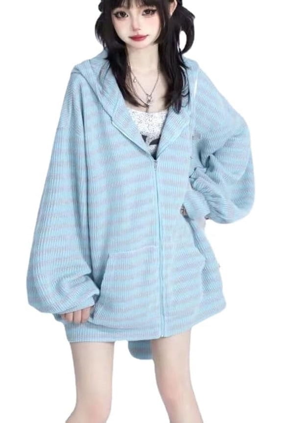 Kawaii Bunny Ear Hoodie Harajuku Cute Oversized Hoodies Striped Graphic Zip Up Hoodie Y2K Sweatshirt Emo Clothes