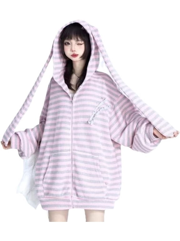 Kawaii Bunny Ear Hoodie Harajuku Cute Oversized Hoodies Striped Graphic Zip Up Hoodie Y2K Sweatshirt Emo Clothes