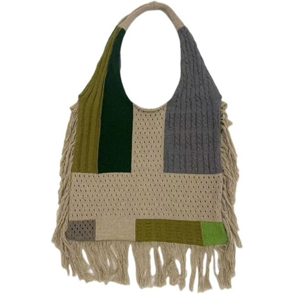 Kukuzhu Knitted Hobo Bag for Women Woven Shoulder Bag Large Totes Retro Splicing Purse Tassel Top Handle Bag