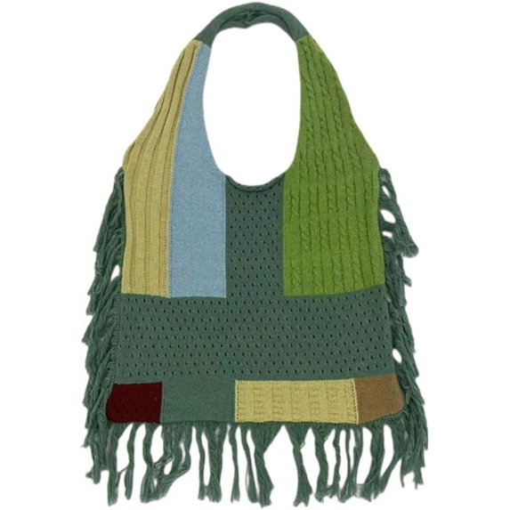 Kukuzhu Knitted Hobo Bag for Women Woven Shoulder Bag Large Totes Retro Splicing Purse Tassel Top Handle Bag