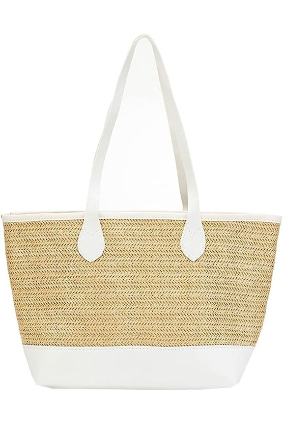 Large Women's Woven PU Straw Geometric Tote Shoulder Bag White
