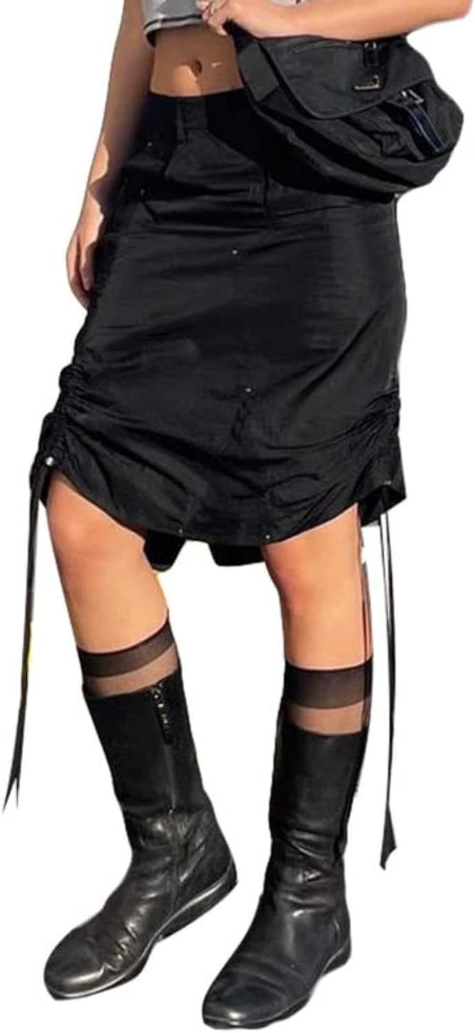 Kukuzhu Long Cargo Skirts for Women with Pockets Low Rise Drawstring Baggy Maxi Skirt E Girls