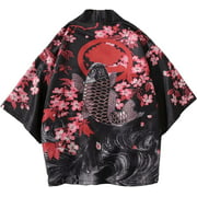 Kukuzhu Men Women Japanese Haori Shirt, Y2K Anime Harajuku Kimono Short Sleeve Button Down Top Streetwear Summer