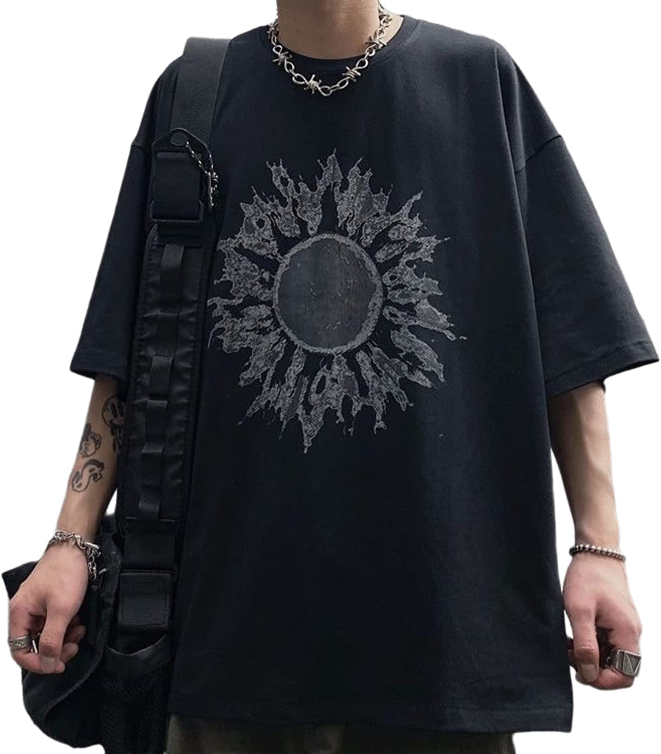 BEAUDRM Men's Vintage Y2K 2-Piece Outfit - Punk Graphic T-Shirt & Drawstring Shorts, Streetwear Set