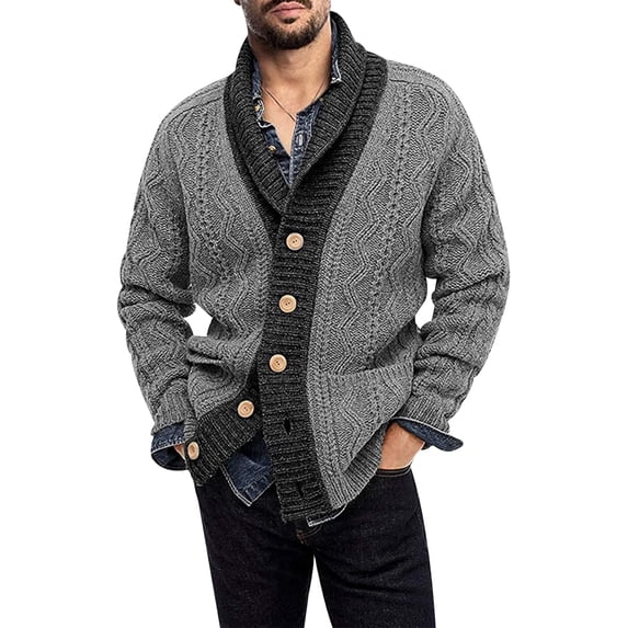 Kukuzhu Men’s Cardigan Sweaters Color Block Shawl Collar Cable Knit Sweater Coat