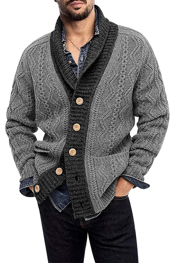 Men’s Cardigan Sweaters Color Block Shawl Collar Cable Knit Sweater Coat