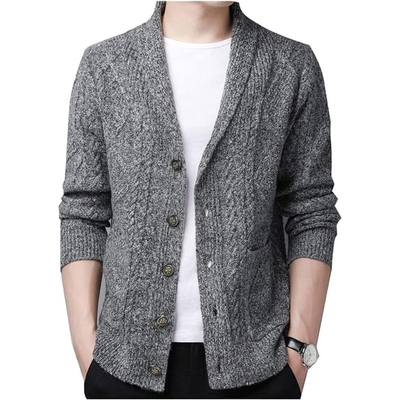 Kukuzhu Men's Casual Shawl Collar Button Down Cabel Knit Cardigan Sweater with Pockets