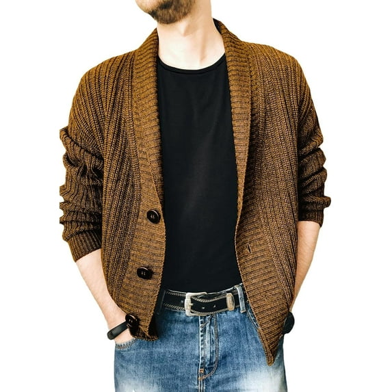 Kukuzhu Men's Shawl Cardigan Color Block Ribbed Knit Button Down Cardigan Sweaters