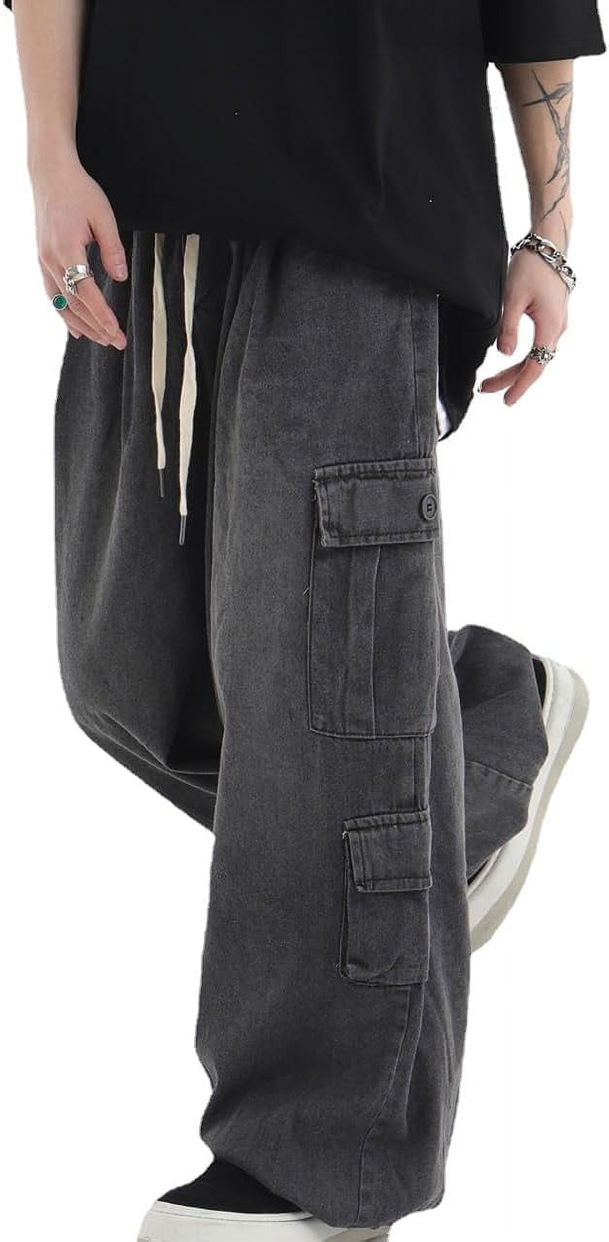 Kukuzhu Mens Baggy Jeans Y2K Cargo Parachute Pants Grunge Wide Leg High Waisted Jeans Hip Hop