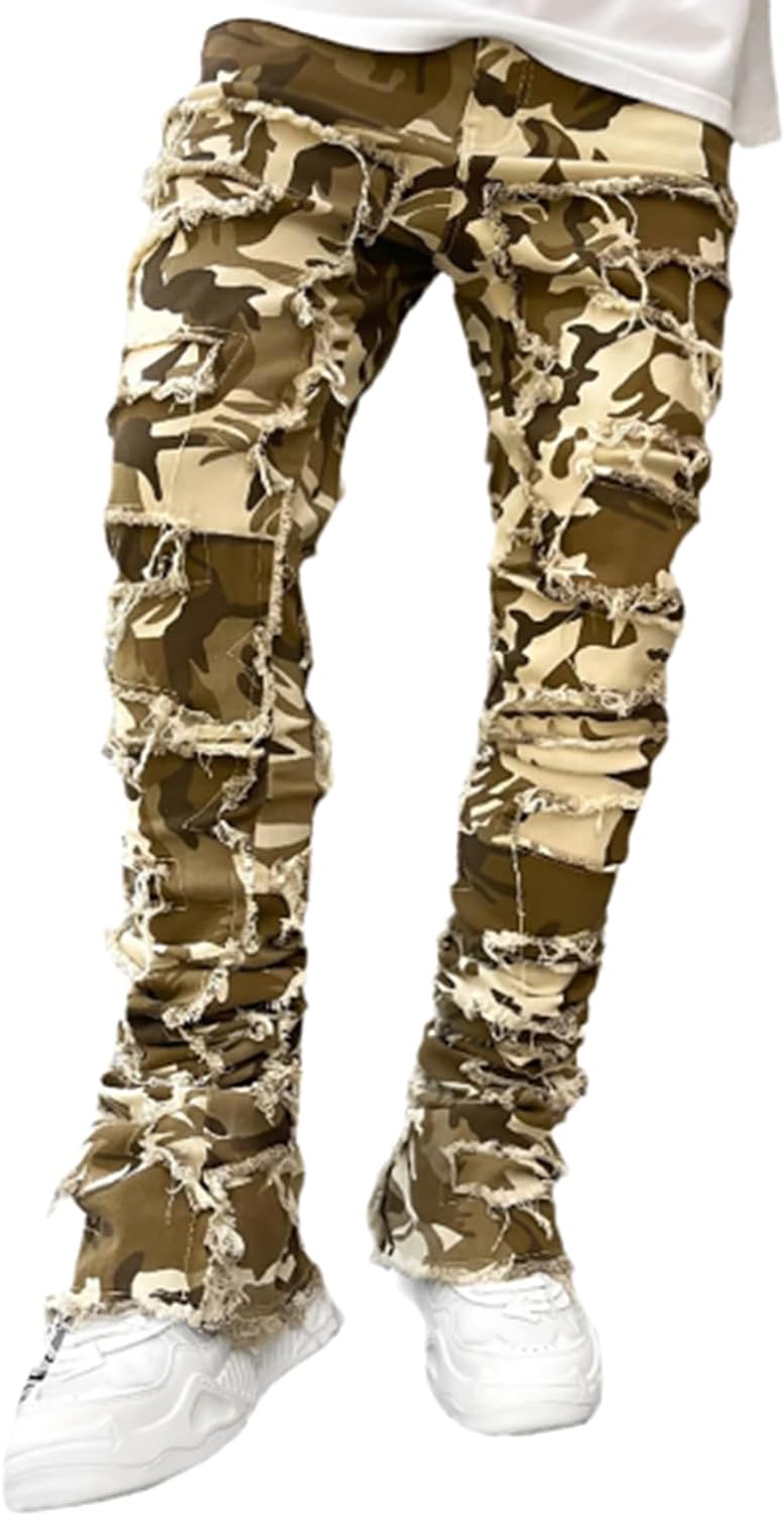 Kukuzhu Mens Stacked Jeans Slim Fit Ripped Distressed Jeans Patch