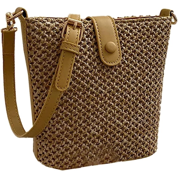 Kukuzhu Mini Straw Shoulder Bag Women Trendy Summer Woven Travel Beach Bucket Tote Bag