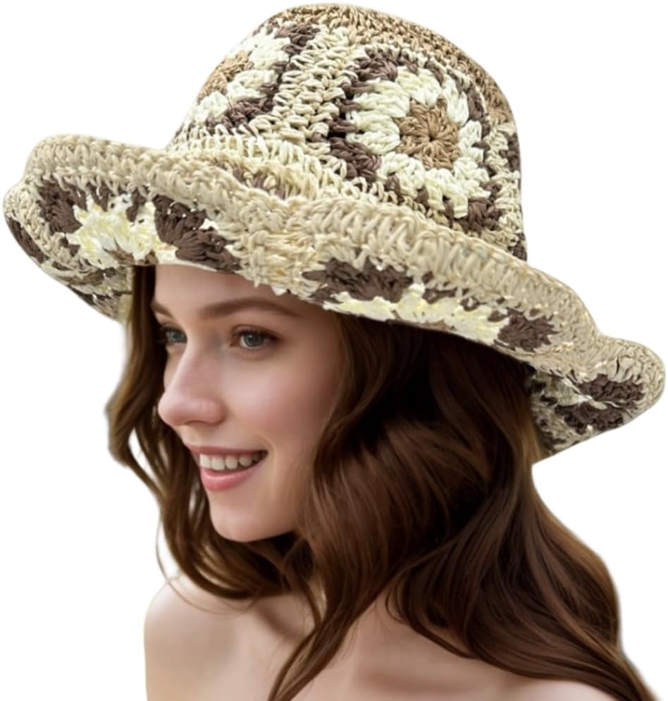 Kukuzhu Multicolor Floral Crochet Straw Sun Hat, Foldable 