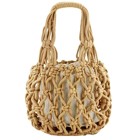 Kukuzhu New Straw Bag Cotton Thread Woven Bag Portable Net Bag Casual Bucket Handbag Summer Beach Purse for Women/Girls