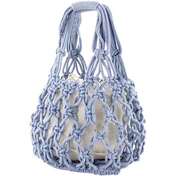 Kukuzhu New Straw Bag Cotton Thread Woven Bag Portable Net Bag Casual Bucket Handbag Summer Beach Purse for Women/Girls