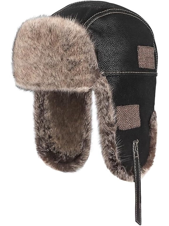 PU Leather Trapper Hat Faux Fur Russian Ushanka Eskimo Cap Winter Warm Ear Flap Ski Hunting Cap for Men Women