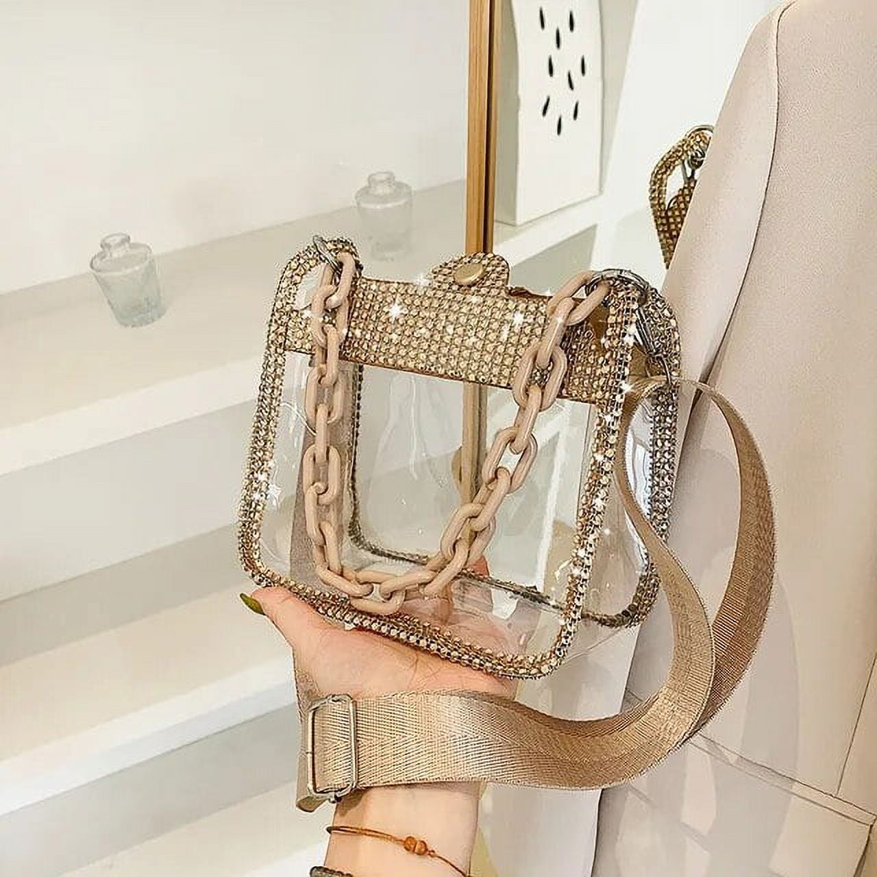 Kukuzhu PVC Transparent Shoulder Crossbody Bag Rhinestone Thick Chain Ladies Small Purse and Handbags Fashion Jelly Summer Beach Totes Walmart