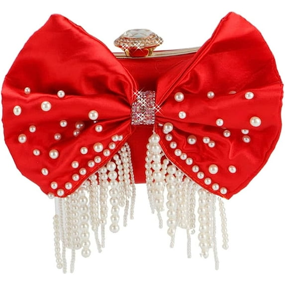Kukuzhu Pearl Evening Bags Women Chic Bow Wedding Party Evening Clutch Purse Bride Floral Tassels Clutch Bag