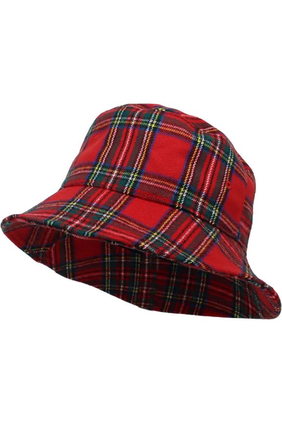 Polyester Plaid Tartan Bucket Fedora Hat Winter Check Cap HMB1299 (Red)