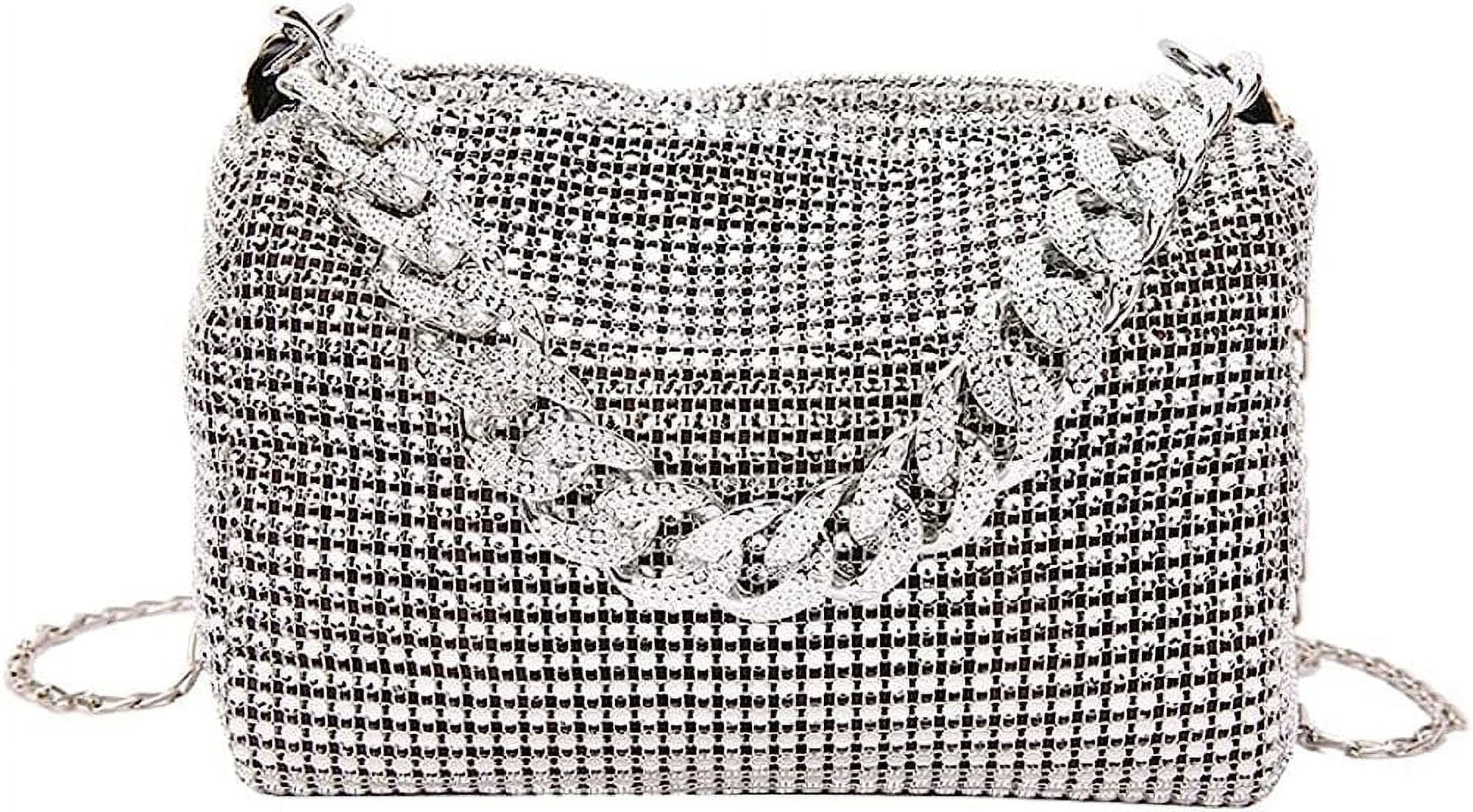 Kukuzhu Rhinestone Clutch for Women Sparkling Chain Evening Handbags Silver Purse Bling Hobo Handbag for Wedding Cocktail Party