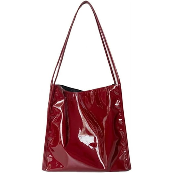 Kukuzhu Shiny Patent Faux Leather Tote Bag Women Glossy Shoulder Handbag Structured Shoulder Bag Satchel
