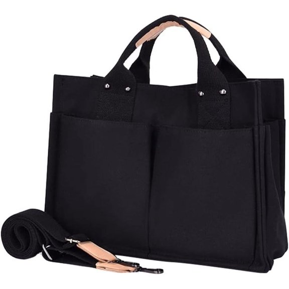 Kukuzhu Small Canvas Tote Bag with Multi Pockets Canvas Handbag Tote Purse for Women Canvas Crossbody Bag Top Handle