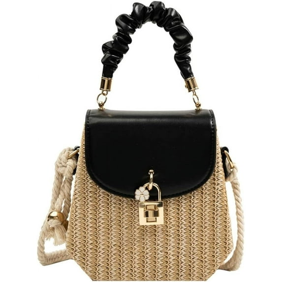 Kukuzhu Small Straw Tote Handbag for Women Handmade Top Handle Bag Woven Straw Crossbody Shoulder Bag for Summer Beach Travel