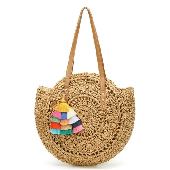 Kukuzhu Straw Bag Round Summer Straw Large Woven Beach Bag Purse For Women Vocation Tote Handbags With Pom Poms