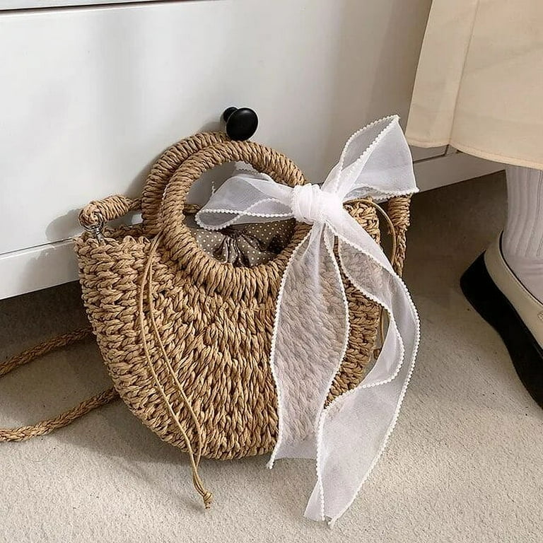 Kukuzhu Straw Bag Women Hand Woven Handbag Moon Shape Lace Bow Rattan Bag Big Capacity Drawstring Casual Beach Shoulder Crossbody Bag