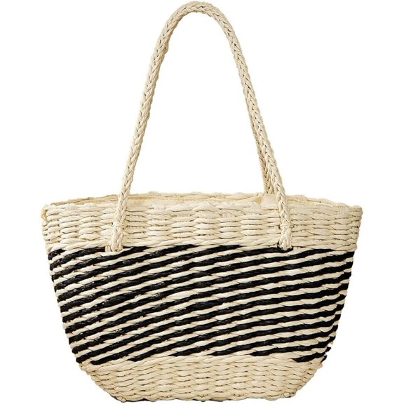 Kukuzhu Straw Bag for Women Stripe Straw Tote Handbag Summer Beach Bag Handmade Rattan Shoulder Bag Purse for Travel Vocation