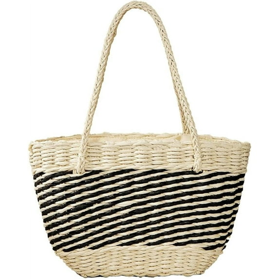 Kukuzhu Straw Bag for Women Stripe Straw Tote Handbag Summer Beach Bag Handmade Rattan Shoulder Bag Purse for Travel Vocation