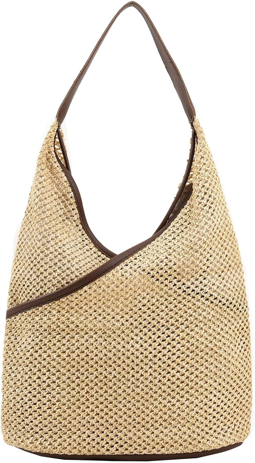 Summer Straw Handbag With Bamboo Handle – Woven Beach Tote Bag For Women, Vacation Purse