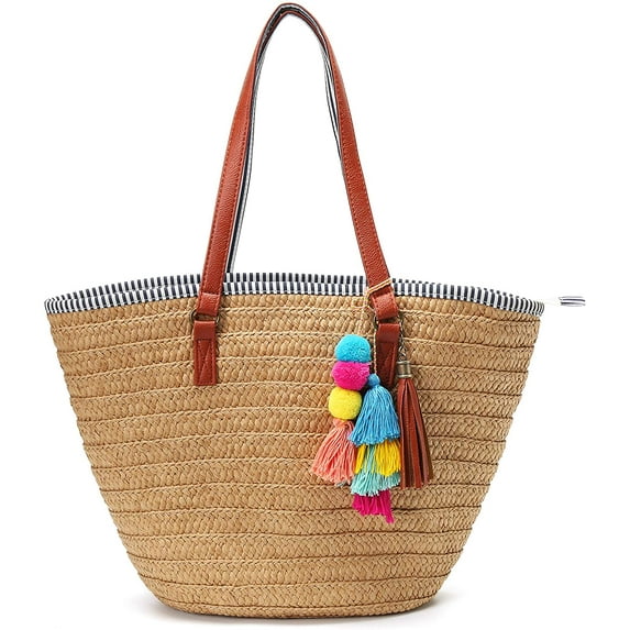 Kukuzhu Straw Beach Bag Large Woven Straw Bag Handbag Women's Woven Tote Bag Summer Beach Tote with Tassel for Travel