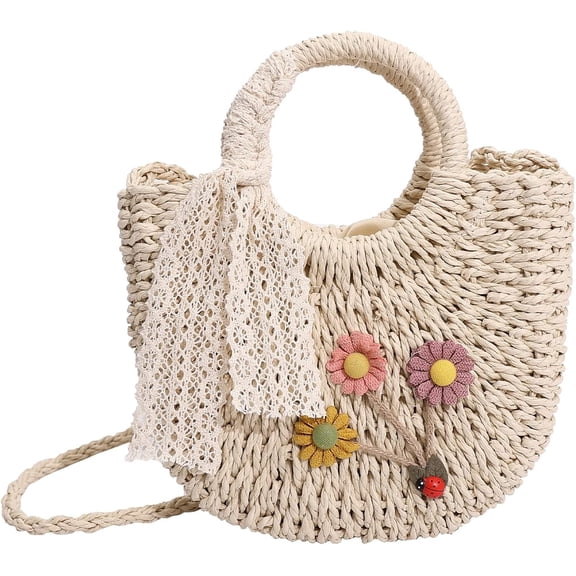Kukuzhu Straw Beach Bag, Small Straw Purse for Women Summer Woven Beach Bag Shoulder Crossbody Bags Handbag for Vacation