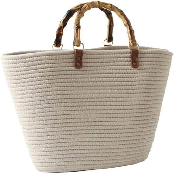 Kukuzhu Straw Beach Bag, Straw Tote Bag for Women with Bamboo Handles Summer Vacation Woven Beach Bag Shoulder Handbag