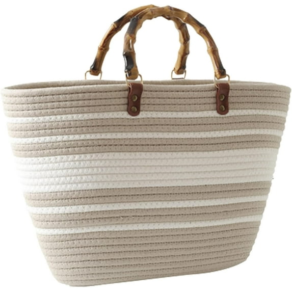 Kukuzhu Straw Beach Bag, Straw Tote Bag for Women with Bamboo Handles Summer Vacation Woven Beach Bag Shoulder Handbag
